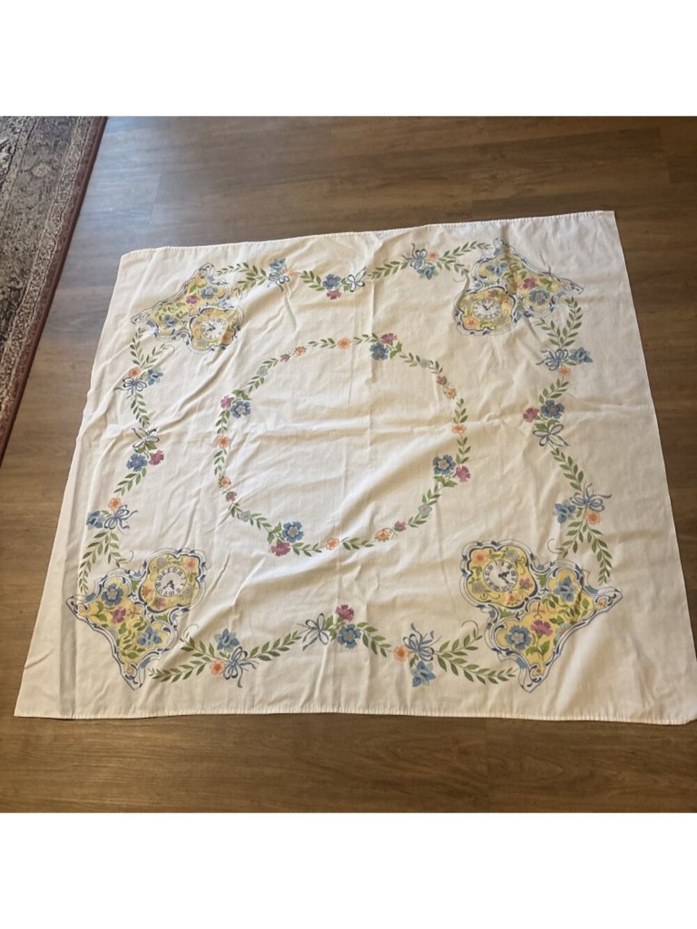 vintage cotton tablecloth Clocks Yellow And Blue 46 X 42